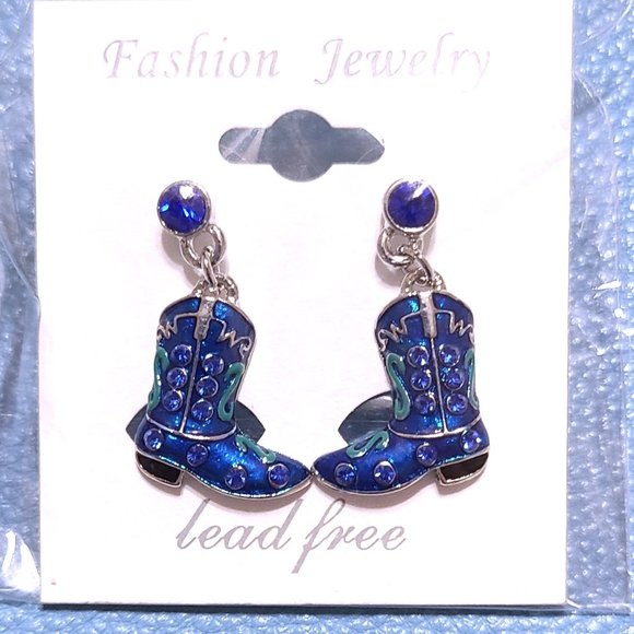 Cowgirl Boot Earrings - Blue Sparkle with Rhinestone Shine - Picture 5 of 10